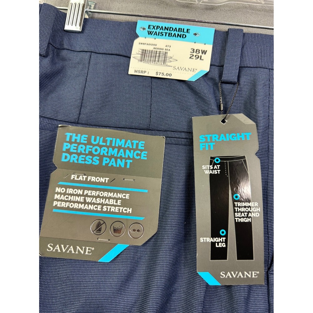 Savane Men's Ultimate Performance Dress Pants 38x29 Bering Sea Blue Straight Fit